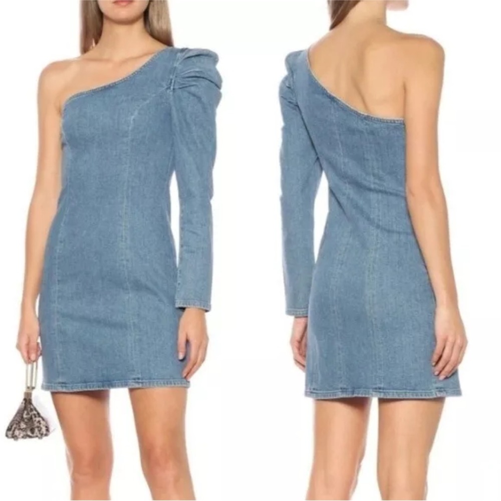 GRLFRND Ellie One Shoulder No Limits Denim Mini Puff Long Sleeve Dress Size XS